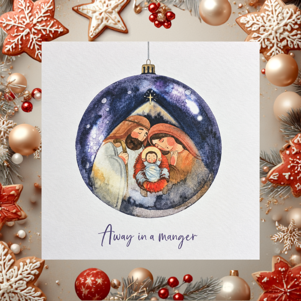 Away in a Manger Bauble Christmas Card Design